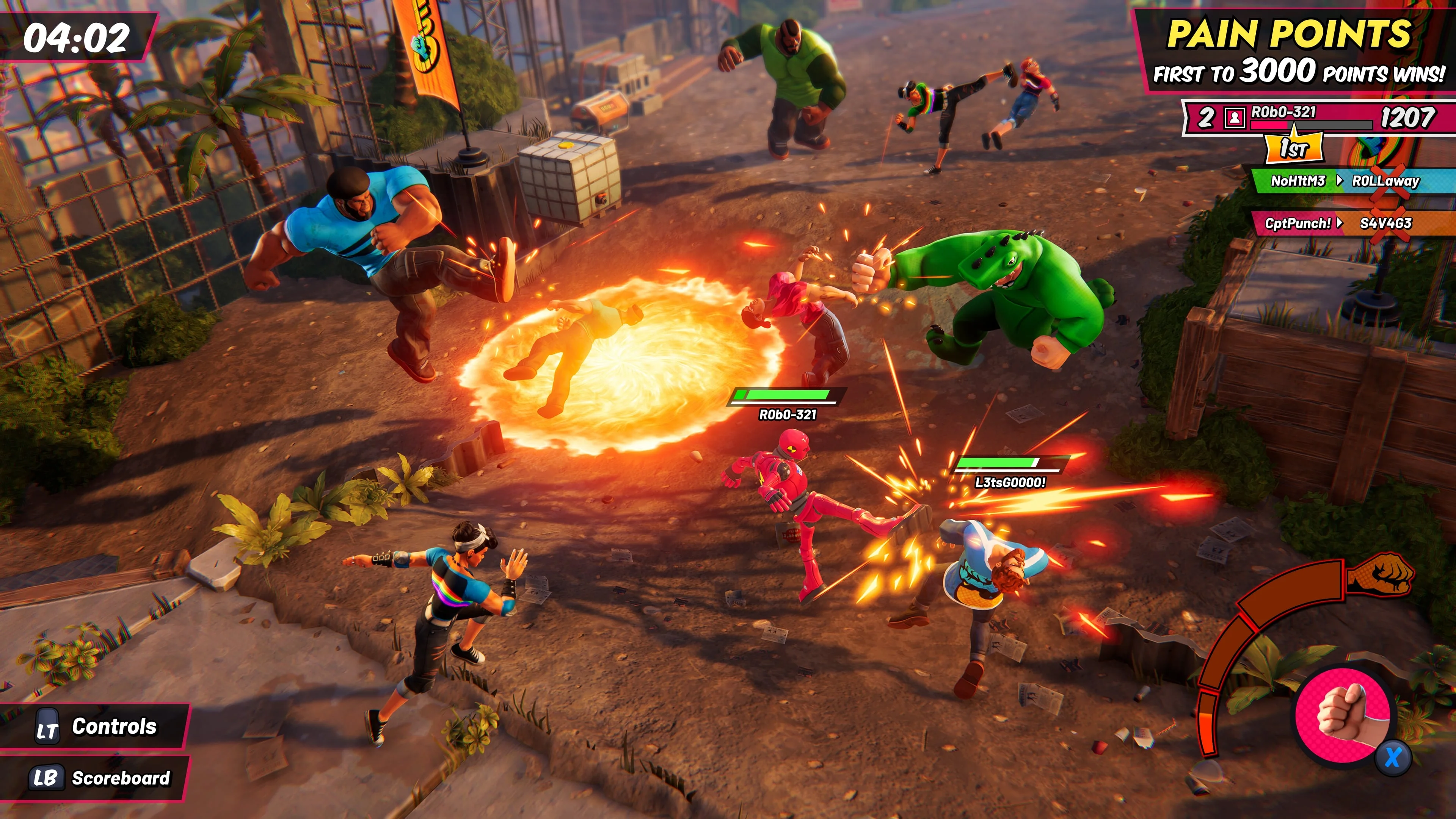 A screenshot from a game centring a small, red robot character kicking a male character with red hair. In the background are two large characters kicking and punching two smaller characters into a firey whirlpool.